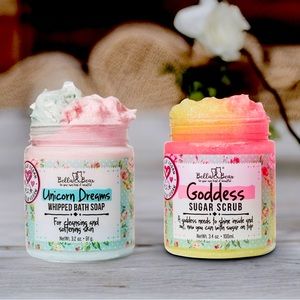 Two Bella and Bears Scrubs. Unicorn Dreams - whipped and Goddess -Sugar - vegan